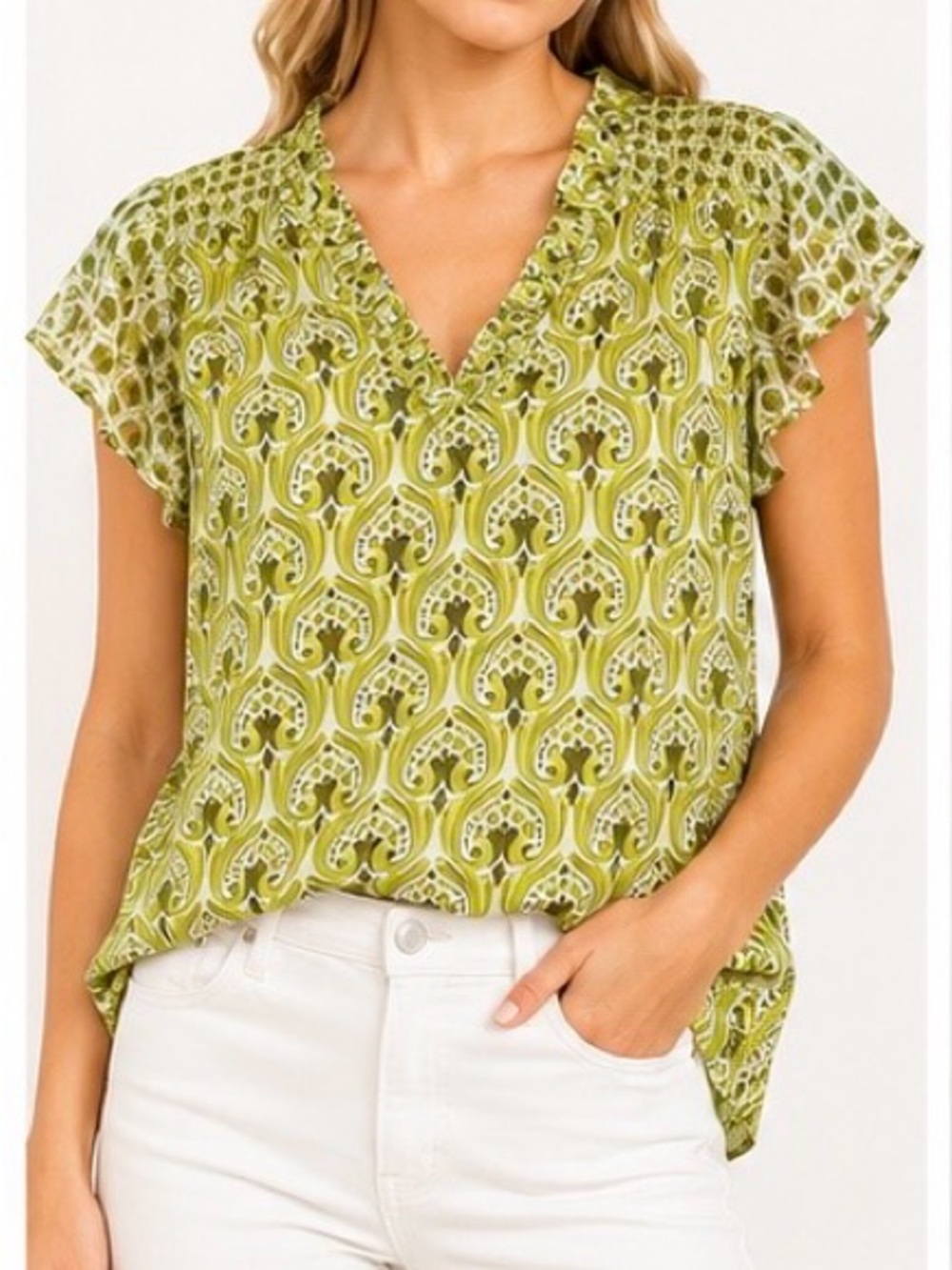 56. Rachel Zoe Olive Green Patterned V-Neck Flutter Sleeve Blouse